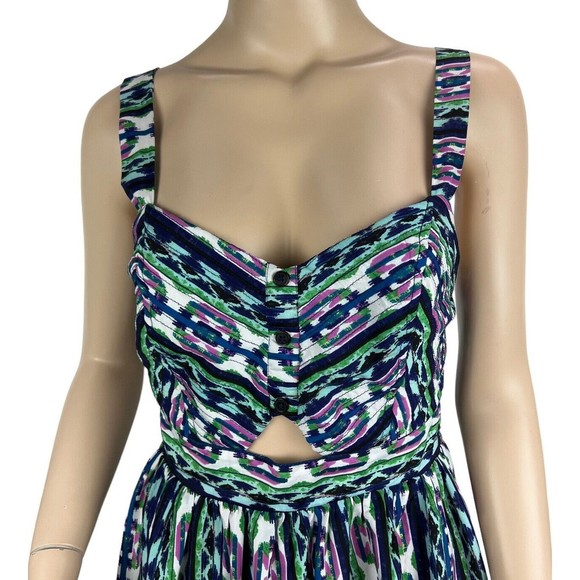 Band Of Gypsies Smocked Cutout Sun Dress Sz MED Blue Green Purple Abstract Print - Picture 2 of 8